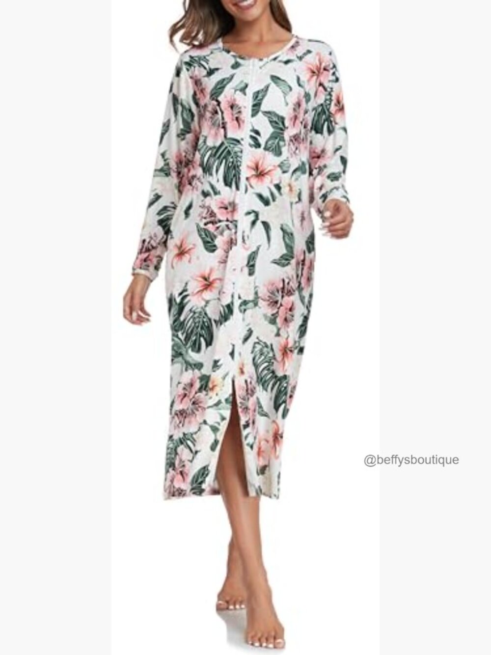 Short Sleeve Zip Front Nightgown Full Length Cotton Robe Lounge Dress Pockets - Picture 3 of 7
